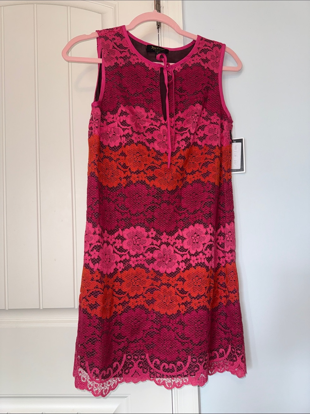Juicy Couture Pink & Orange Floral Lace Midi Dress with Tie Neck